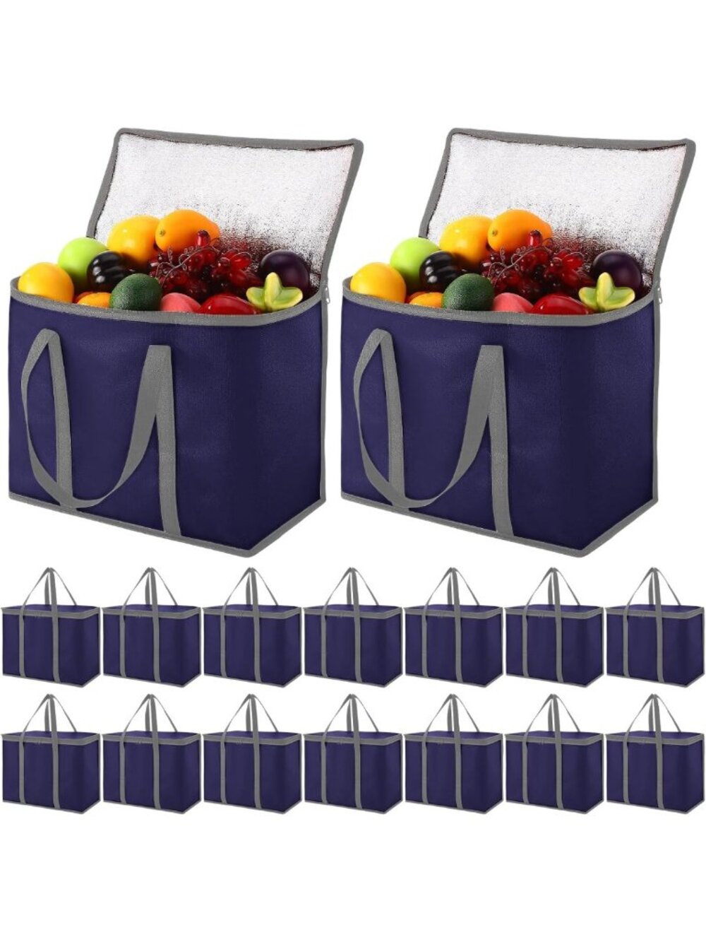 15 Pcs Large Insulated Grocery Bags - Heavy Duty, Zippered, Foldable Totes for